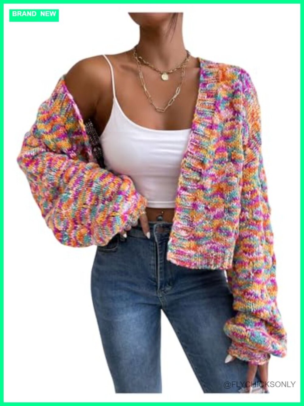 Women's Cropped Ribbed Knit Cardigan, Long Sleeve, Button Up, Heart Print